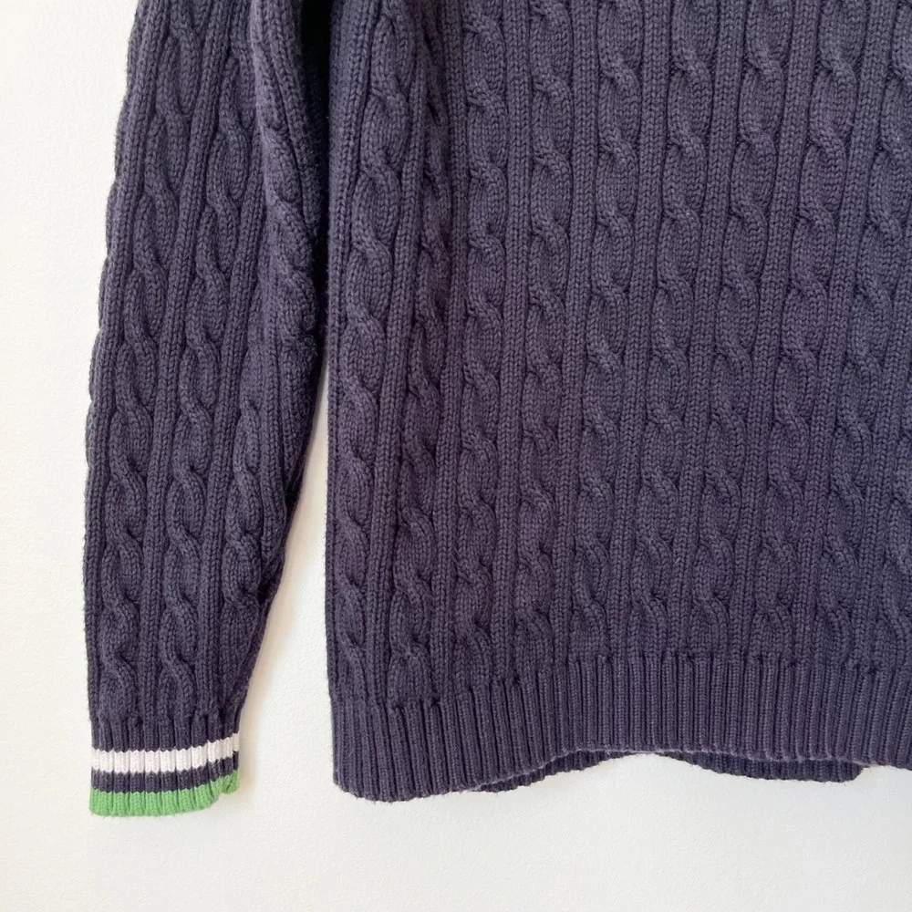 Lands' End Varsity Cable Knit V-Neck Sweater Women Medium Navy Green Tennis Prep
